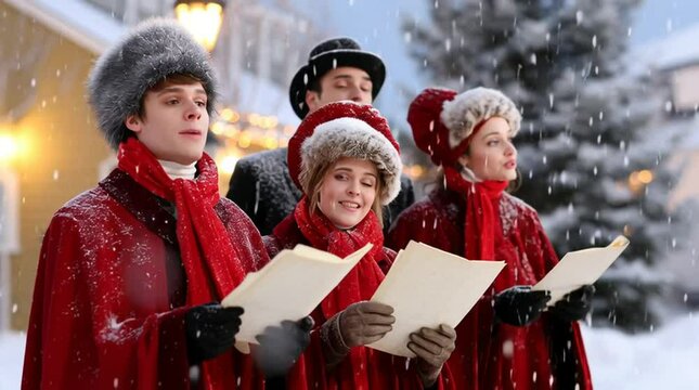 A group of Christmas carolers sings a festive holiday song in the cold winter season