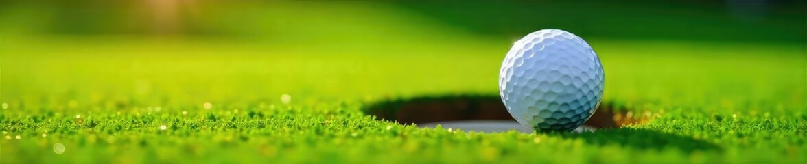 Close-up of a golf ball nestled in the cup on a lush green putting surface, signifying a successful putt and a saved round The perfect ending to a challenging hole , fairway, concentration, cup