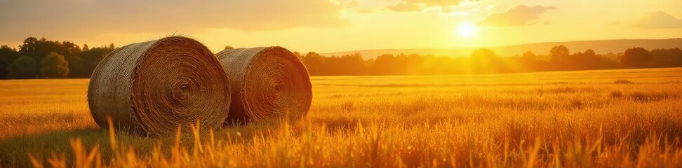 Golden hour sunlight bathes a romantic scene of two hay bales nestled together in a vast, idyllic field Perfect for rustic, country, or farm-themed projects , agricultural, pastoral, texture
