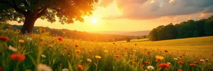 Golden hour sunlight bathes a vibrant landscape in warm, summery glow Perfect for travel, vacation, and summer themes Enjoy the tranquil beauty of nature's embrace , panorama, background