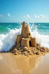 A sandcastle crumbles dramatically as a wave washes over it, leaving behind a funny, slightly chaotic scene The perfect image for summer, vacation, and humorous beach imagery , vacation, summer, blue