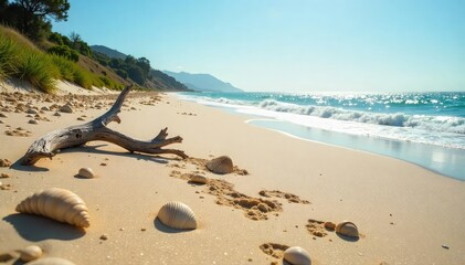 Sun-bleached driftwood and seashells scattered across a sandy beach track, leading towards a shimmering ocean horizon Perfect for travel, summer, and nature themes , escape, sunshine, beach