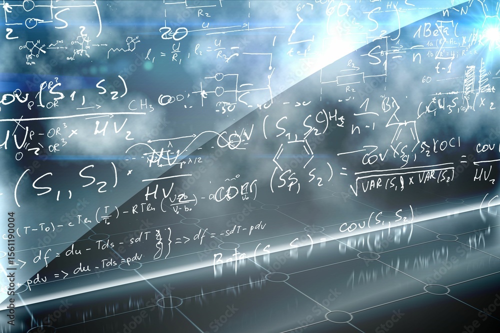 Poster floating translucent equations and chemical diagrams illuminating glowing nodes over grid floor