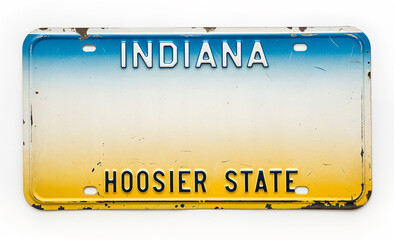 A vintage Indiana license plate with a gradient blue to yellow background. It features "Indiana" in bold letters and "Hoosier State" below. The plate shows signs of wear, conveying a nostalgic feel