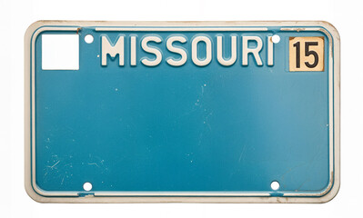 Blue Missouri license plate features white text MISSOURI above CHETANBAR Displays state emblem and numbers _15_ in a corner