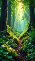 Lush green forest floor teeming with diverse wildflowers, ferns, and vibrant foliage Sunlight dapples through the canopy, illuminating the rich ecosystem , bloom, blossom, environment