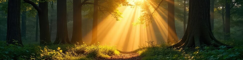 Sunbeams filter through a dense canopy, illuminating the forest floor with dappled light and shadows Golden rays create a magical atmosphere amongst the trees and undergrowth , green, trees