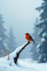 A lone bird perched on a branch, completely isolated amidst a vast, snow-covered landscape The stark winter scene emphasizes the concept of solitude and separation , alone, environment, remote