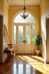 Sunlit golden foyer, elegant entryway with gleaming hardwood floors, ornate molding, and a grand staircase Perfect for home decor, interior design, and real estate listings , luxury, wainscoting