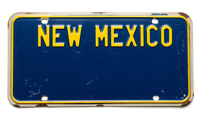 Blue vintage New Mexico license plate with yellow text reading "NEW MEXICO" Features wear and a classic look