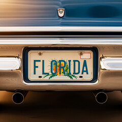 Close-up of a car's rear with a Florida license plate displaying "FLORIDA" The car's chrome bumper reflects sunlight, creating a vintage feel
