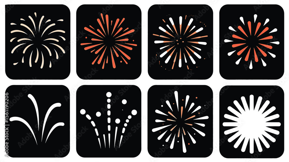 Poster vector art of a set of eight firework vector icons in orange and white, isolated on a black backgrou