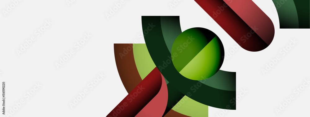 Poster abstract design features overlapping ribbons, green sphere. modern composition uses dark, red hues a