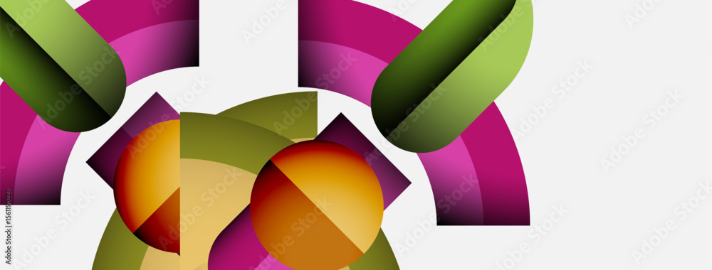 Poster Abstract shapes, vibrant colors, modern design. Curves intersect, creating dynamic composition. Bright hues dominate white background.