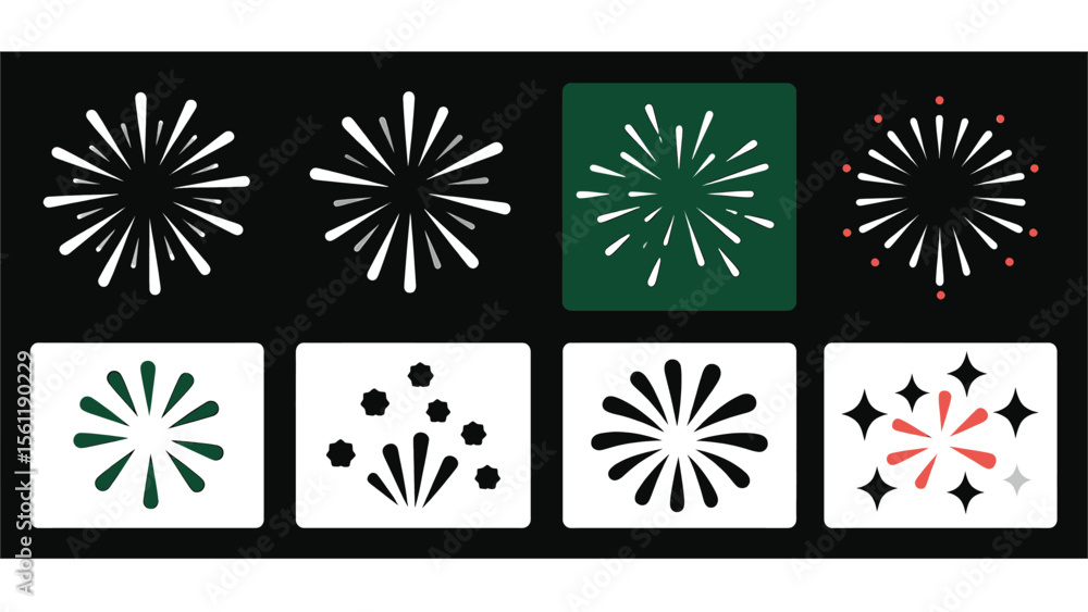 Poster vector art of a collection of eight stylish firework vector icons in green and white, isolated on a 