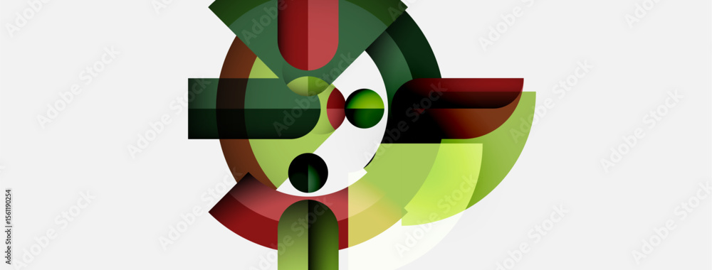 Poster abstract geometric shapes overlap, creating dynamic composition. green, red, white hues dominate des