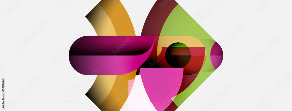 Poster Abstract composition features colorful overlapping ribbons, shapes. Dynamic design evokes movement, energy, modern aesthetic. Bright hues contrast against white background.