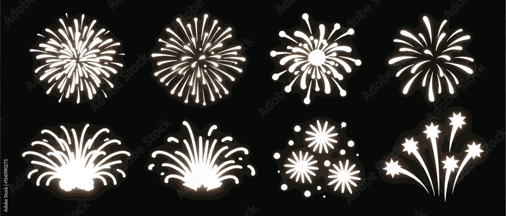 Poster vector art of twelve different firework bursts are displayed in a vector graphic, isolated on black 