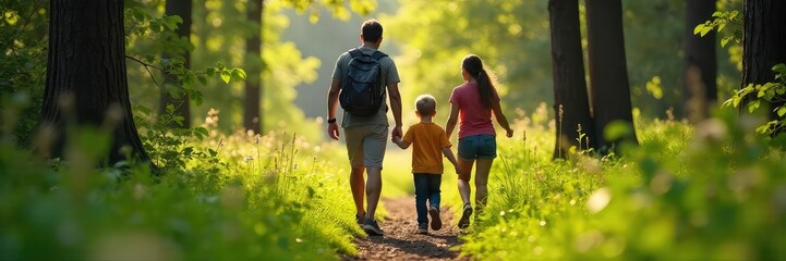 A happy family enjoys a scenic hike through a lush forest, embracing nature's beauty on a sunny day The trail winds through trees, creating a picturesque family adventure , fun, journey, view