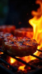 Close-up view of vibrant flames licking the grill grates, intense heat visible, perfect for grilling Ready to cook delicious food , meal, backyard