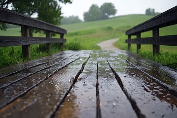 Fototapeta premium A rustic wooden bridge in the countryside glistens under steady rain, with puddles forming on the planks, rain droplets rippling in the stream below, and overcast skies above 