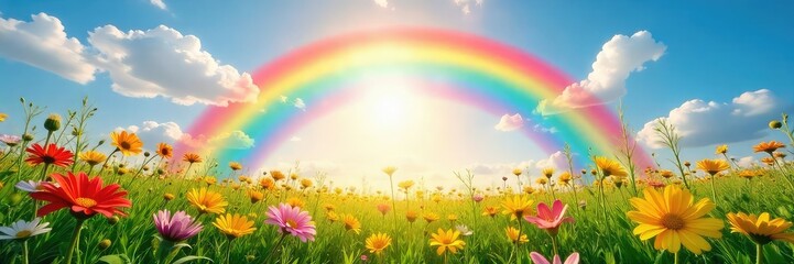 A vibrant rainbow arcing over a sun-drenched field of wildflowers, symbolizing universal joy and contentment Perfect for concepts of inclusivity, optimism, and well-being , euphoria, hope