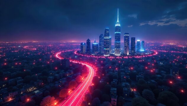 A futuristic cityscape at night, interconnected by glowing digital threads, representing the seamless integration of the internet globally , signal, global
