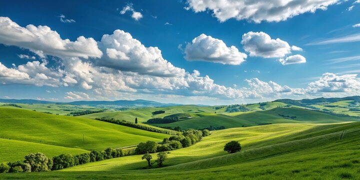 Scenic tuscany landscape with rolling hills and fluffy clouds peaceful nature scene summer background