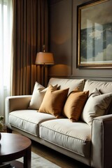 Luxurious hotel room featuring plush cushions on a comfortable sofa, inviting and relaxing atmosphere Perfect for travel, hospitality, and interior design , lobby, pillow