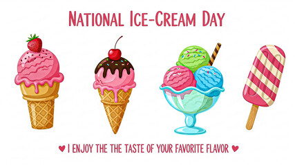 Happy National Ice Cream Day:  Cartoon Ice Cream Cones, Sundae, and Popsicle;  Sweet Summer Treats Illustration.