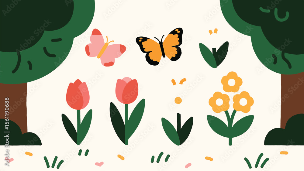Poster vector art of pink and orange butterflies flutter around colorful tulips and trees
