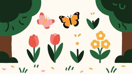 Vector art of pink and orange butterflies flutter around colorful tulips and trees