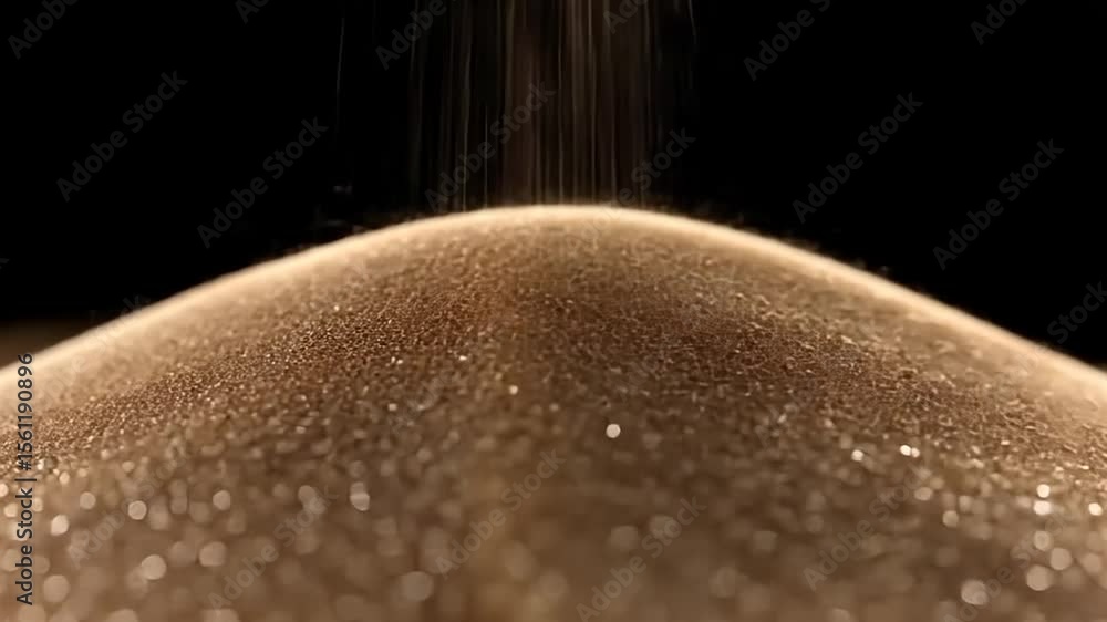 Poster close-up video of sparkling golden sand dunes against a black background. sand grains cascading crea