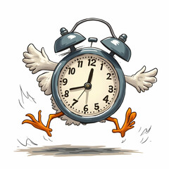 Alarm Clock Running with Chicken Legs and Wings Cartoon Illustration
