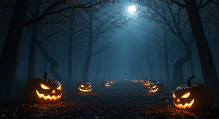 Spooky Halloween Jack-o'-lanterns Path in Foggy Forest