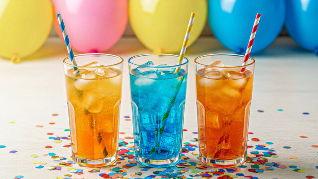 Three Festive Sparkling Cocktails with Ice and Colorful Straws, Party Balloons Background, Confetti