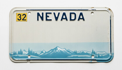 Nevada license plate with "Text space" against a mountain and tree background. Yellow decal 32 on top left corner. Clean, simple design