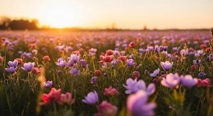 Fototapeta premium Golden Hour Flower Field - Sunset Meadow Landscape