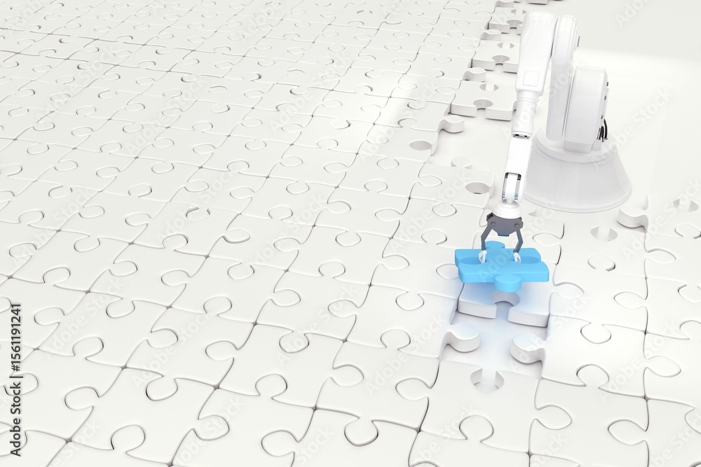 Poster digitally generated image of robot setting up puzzle