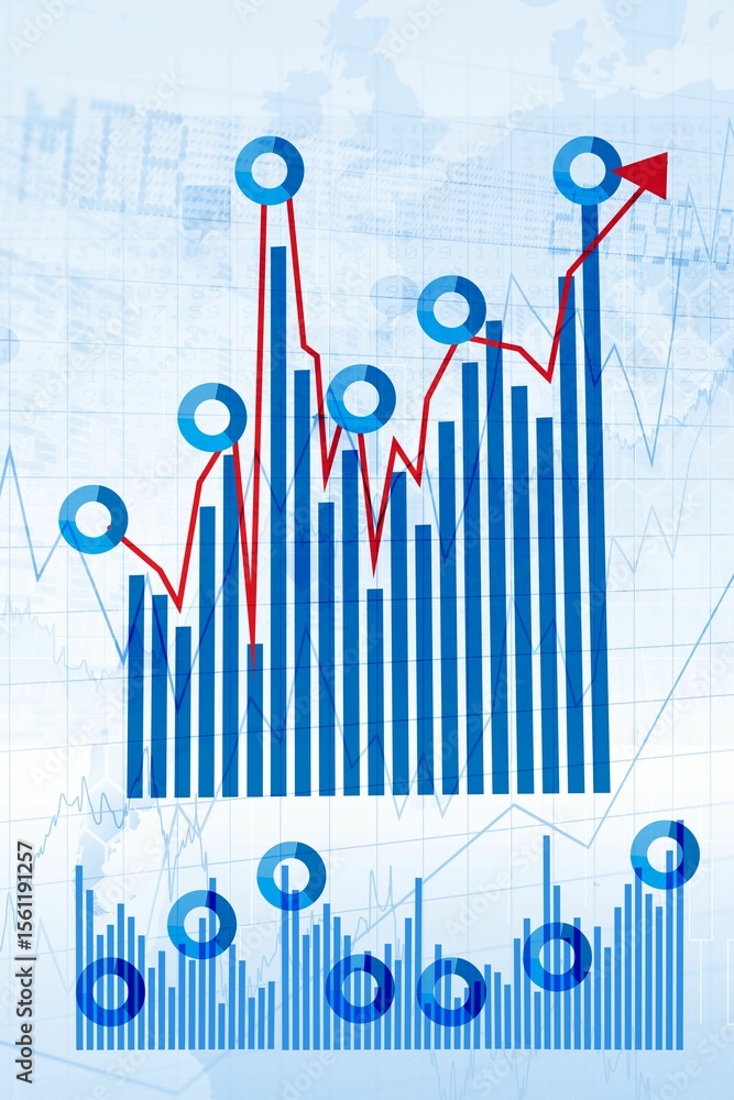 Poster flat design blue bars and red line chart illustrating data with grid and world map outline