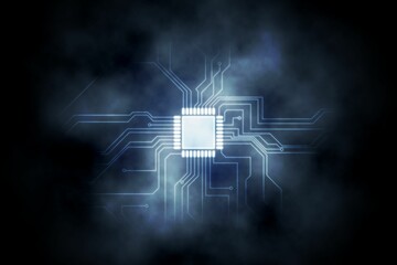 Abstract concept showing glowing microchip radiating neon circuit traces into dark smoky scene