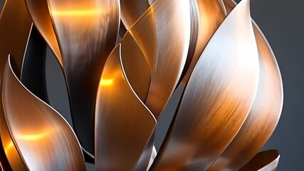 Close-up of abstract metallic sculpture with bronze and silver leaves. The design is organic and flowing against a dark gray background. The lighting highlights the texture and form - Powered by Adobe