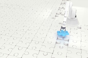 Digitally generated image of robot setting up puzzle