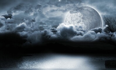 Full moon rising over calm lake through clouds in flat design, showing branch, mountain silhouettes