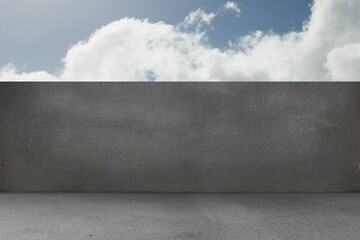 Flat design illustration is showing grey concrete plane meeting wall under blue sky, copy space