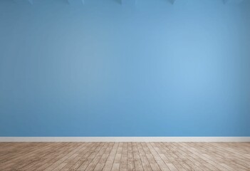 Flat design room is featuring blank bright blue wall with white baseboard molding and wood floor