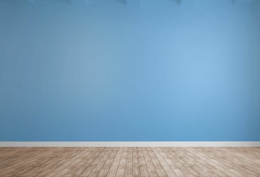 Flat design room is featuring blank bright blue wall with white baseboard molding and wood floor