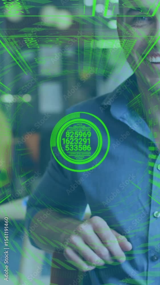 Poster smiling man in office with green holographic data processing animation over him