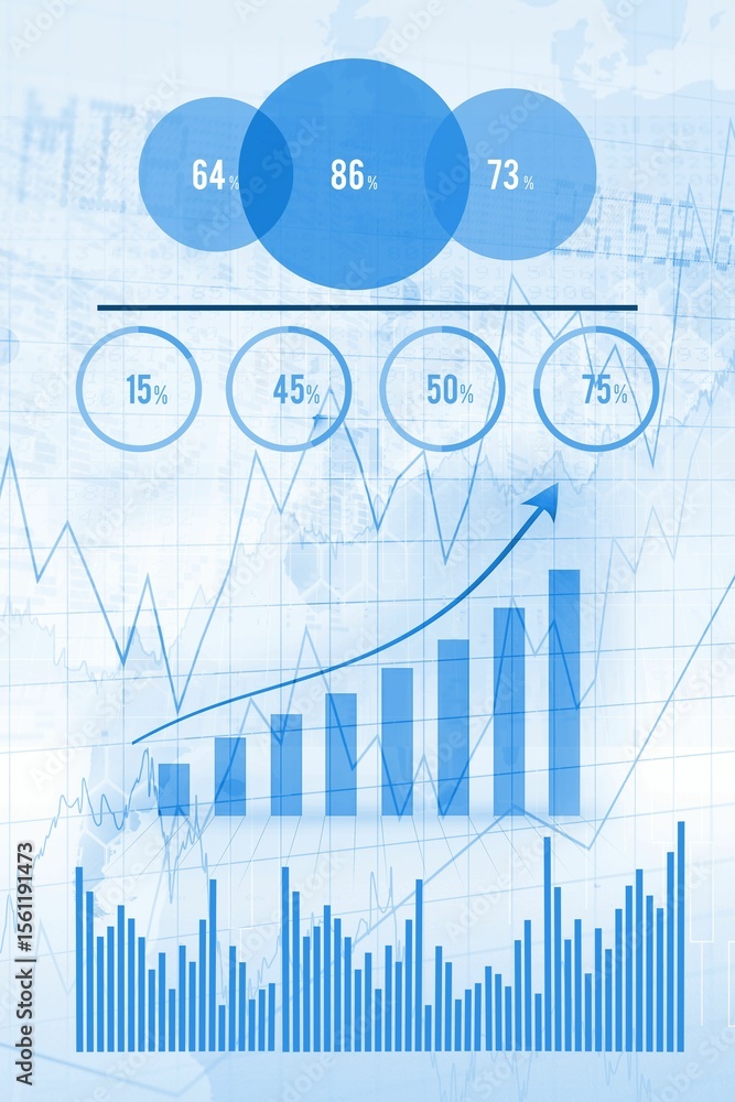 Poster flat dashboard is presenting percent circles, bar chart with rising line over grid and world map