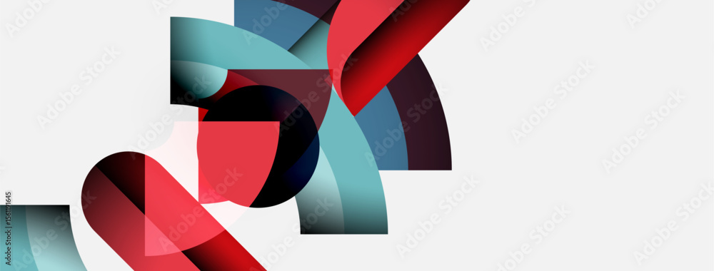 Poster abstract shapes overlap, creating dynamic composition. red, blue hues dominate white background. mod